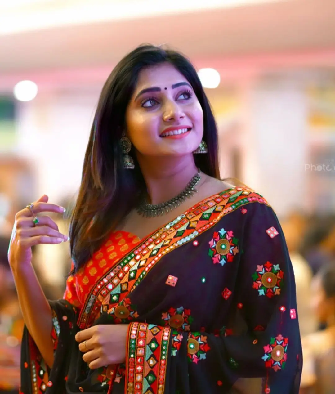 Vasanthi Krishnan Wearing Blue Saree Orange Blouse